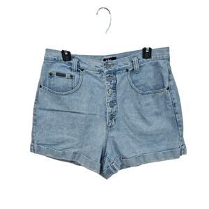 High Waisted Button Front Womens Shorts Sz 14 Large Light Blue Denim Rolled Hem
